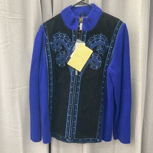 Bob Mackie Wearable Art Leather + Knit Fabric Jacket Embroidered Large NEW W Tag